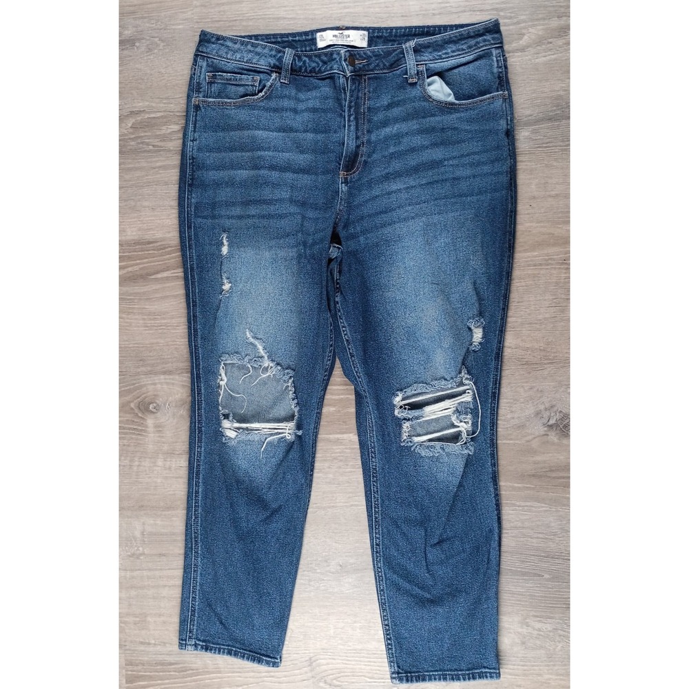 Hollister California 17L Curvy Hi-Rise Mom Jean Distressed 33W 29L Blue Stretch